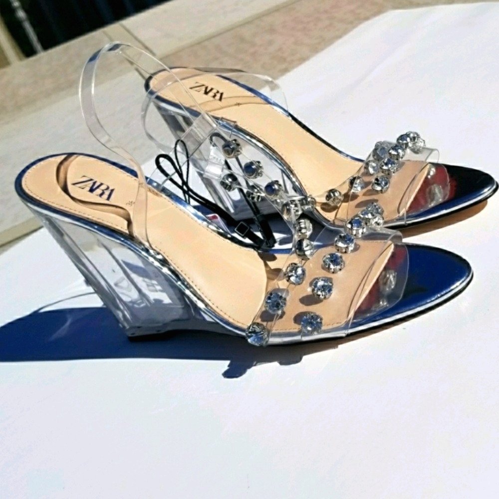 Zara Lucite Studded Clear PVC Wedge 37